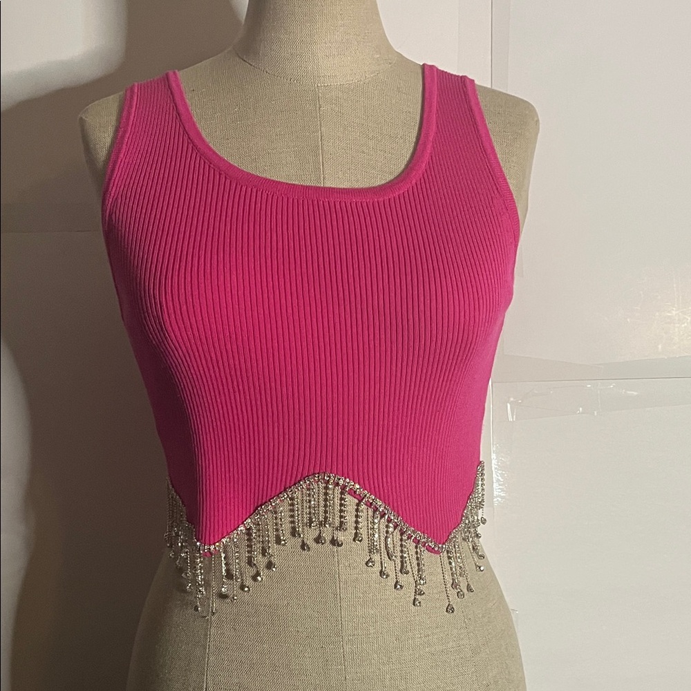 😄Rhinestone crop top pink silver tone stones small